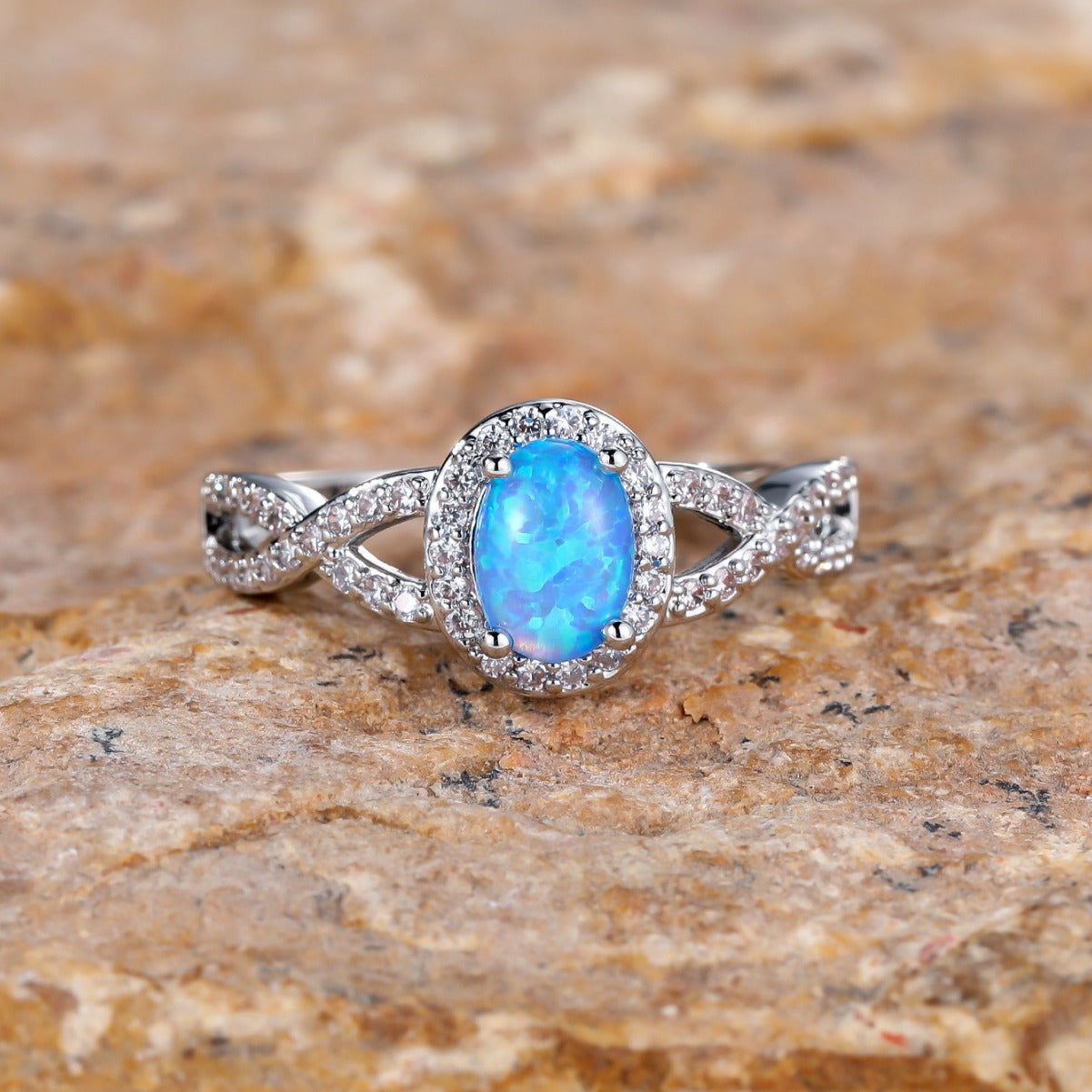 Artistic Retro White K Egg-shaped Blue Opal Edge White Diamond Lace Ring