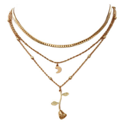 Bohemia Multilayer Moon Gold Color Pendant Necklaces For Women Rose Flower Choker Necklace 2025 Fashion Jewelry