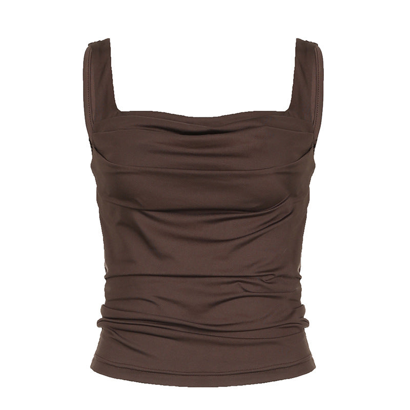 Solid Color Low Square Collar Pleated Slim Strap Women Outerwear Top