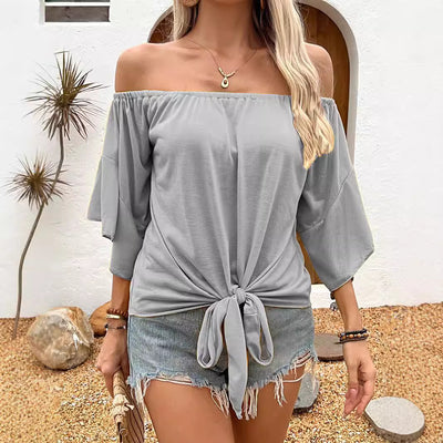 Summer Fall Women's Clothing Solid Color Off-shoulder Casual T-shirt Top