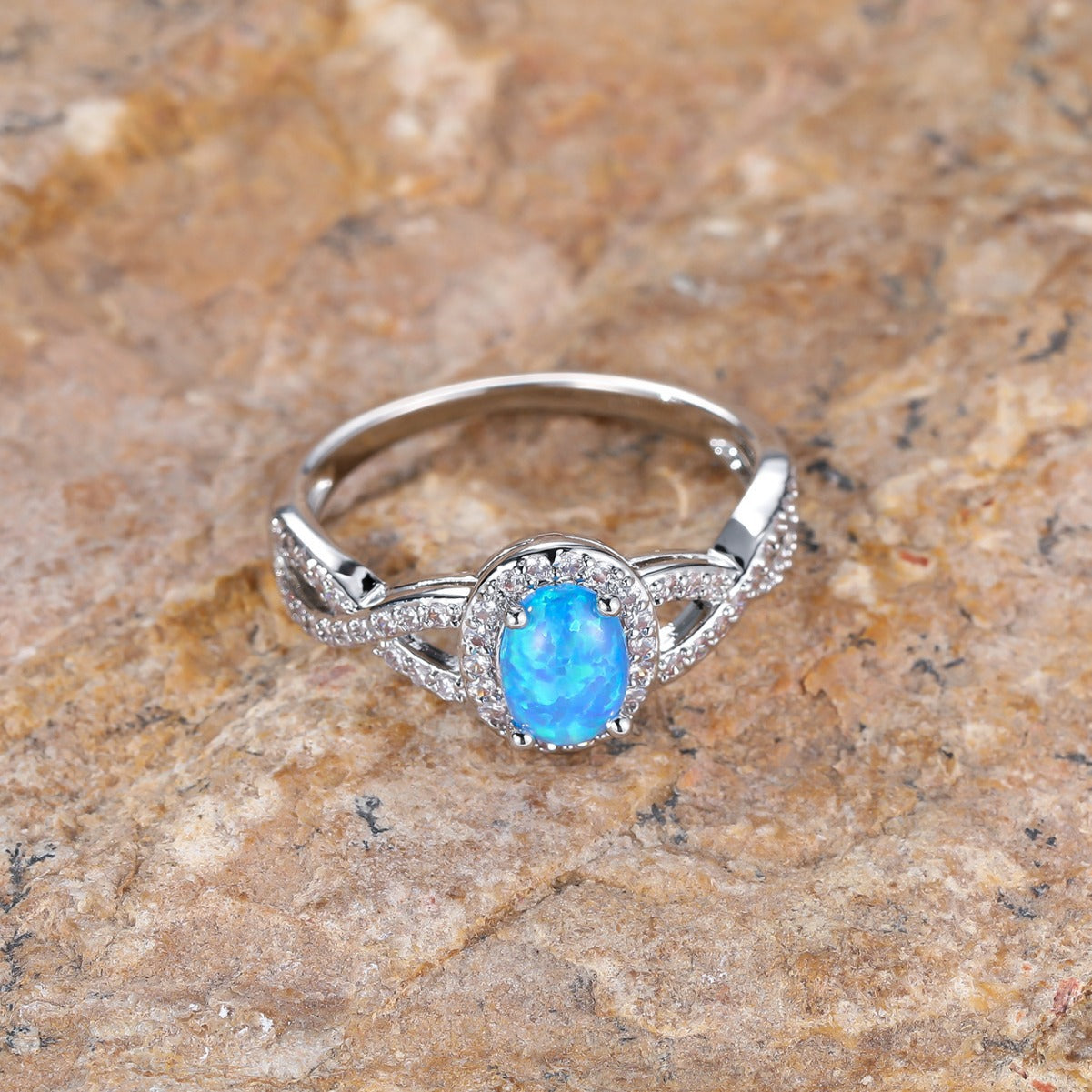 Artistic Retro White K Egg-shaped Blue Opal Edge White Diamond Lace Ring