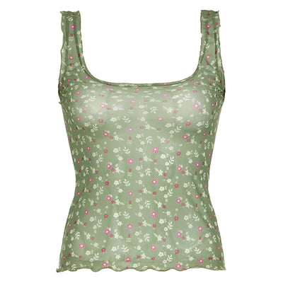 Floral Contrast Color Mesh See-through Square Collar Sling Top