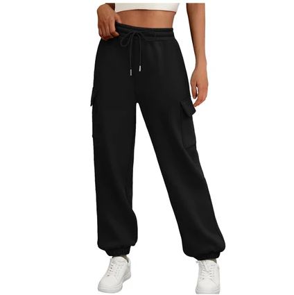 Thick Drawstring Cargo Sweatpants – High-Waist Soft Fleece Joggers with Pockets