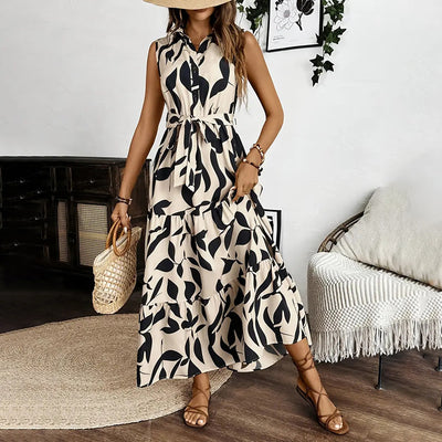 Women Sleeveless Boho Floral Button Shirt V Neck Flowy Belted Maxi Dress