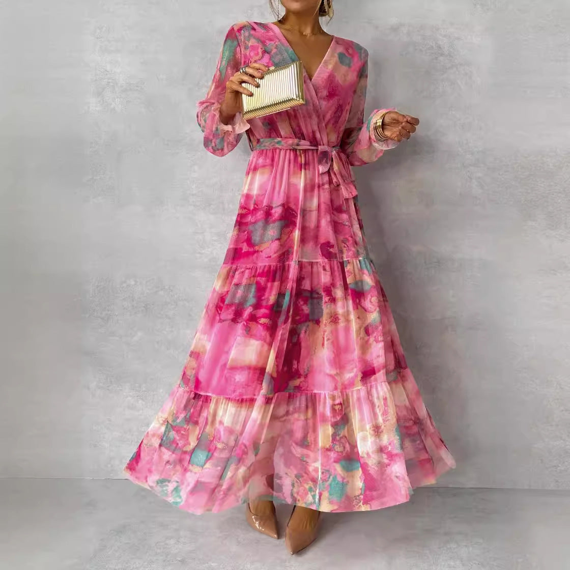 Long-sleeved Floral Print Dress Elegant V-neck Pleated High-waisted Maxi Dresses