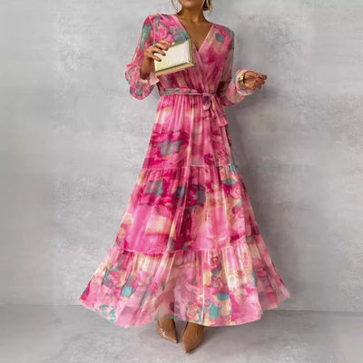 Long-sleeved Floral Print Dress Elegant V-neck Pleated High-waisted Maxi Dresses