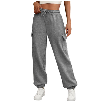 Thick Drawstring Cargo Sweatpants – High-Waist Soft Fleece Joggers with Pockets