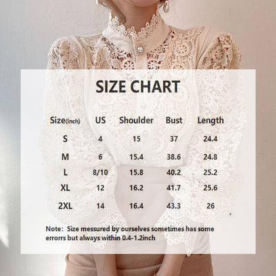 Vintage Pearl Button Lace Blouse - Puff Sleeve Semi-Sheer Ruffled Stand Collar Shirt