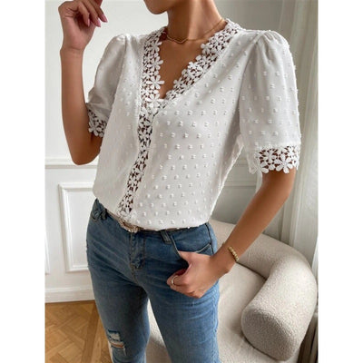 Floral Lace Short Sleeve Shirt V-Neck Top