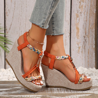 Women's Shoes Color Matching Fabric Woven Open Toe Hollow