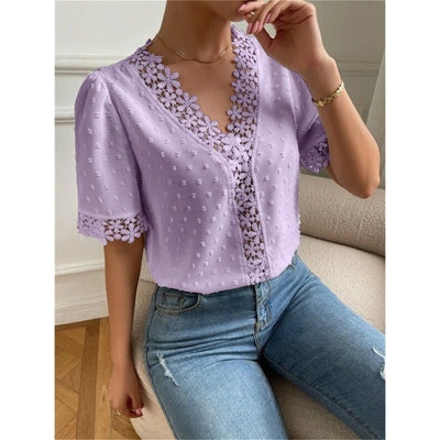 Floral Lace Short Sleeve Shirt V-Neck Top