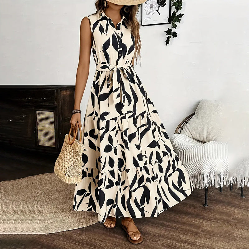Women Sleeveless Boho Floral Button Shirt V Neck Flowy Belted Maxi Dress