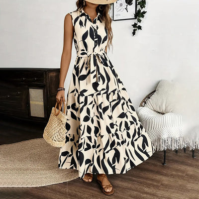 Women Sleeveless Boho Floral Button Shirt V Neck Flowy Belted Maxi Dress