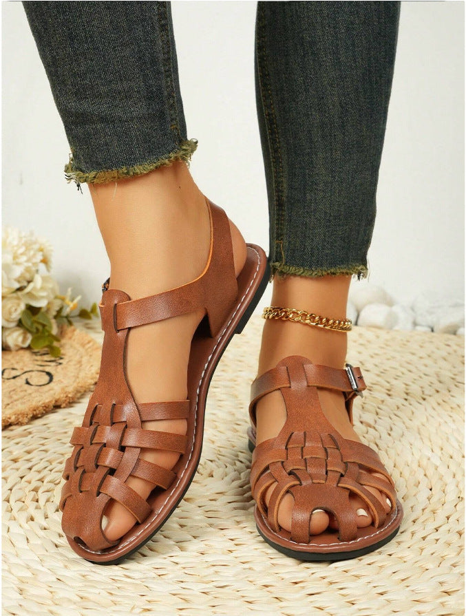Vintage Weave Closed Toe Sandals Women's Seaside Vacation Soft Bottom Brown Roman