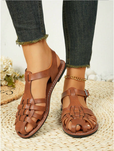 Vintage Weave Closed Toe Sandals Women's Seaside Vacation Soft Bottom Brown Roman