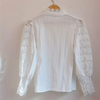 Vintage Pearl Button Lace Blouse - Puff Sleeve Semi-Sheer Ruffled Stand Collar Shirt