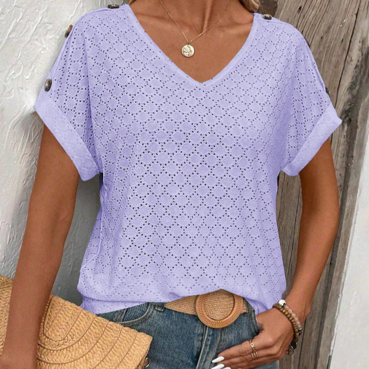 Button Solid Color Circle Loose Short Sleeve T-shirt