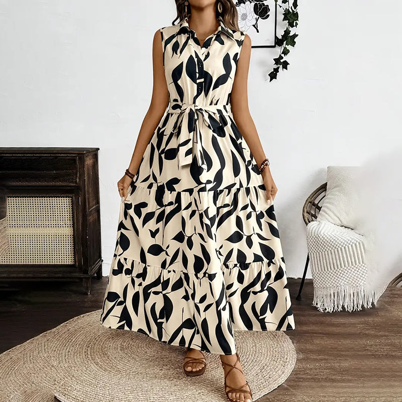 Women Sleeveless Boho Floral Button Shirt V Neck Flowy Belted Maxi Dress