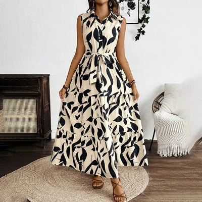 Women Sleeveless Boho Floral Button Shirt V Neck Flowy Belted Maxi Dress