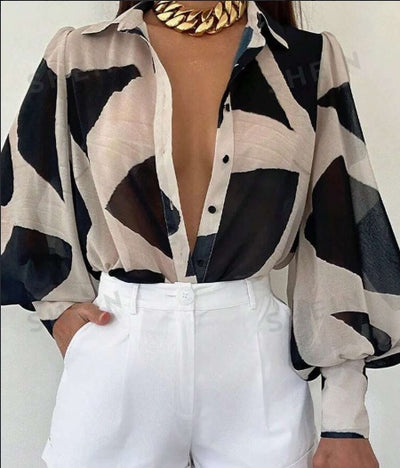 Women's Elegant Loose Geometric Print Lantern Sleeve Blouse, Spring & Summer