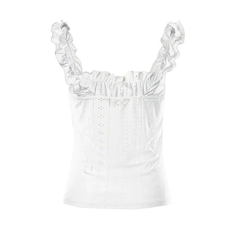 Cute Sleeveless Tank Tops Frill Trim Strap Tie Knot Square Neck Eyelet Blouse