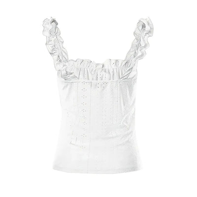 Cute Sleeveless Tank Tops Frill Trim Strap Tie Knot Square Neck Eyelet Blouse