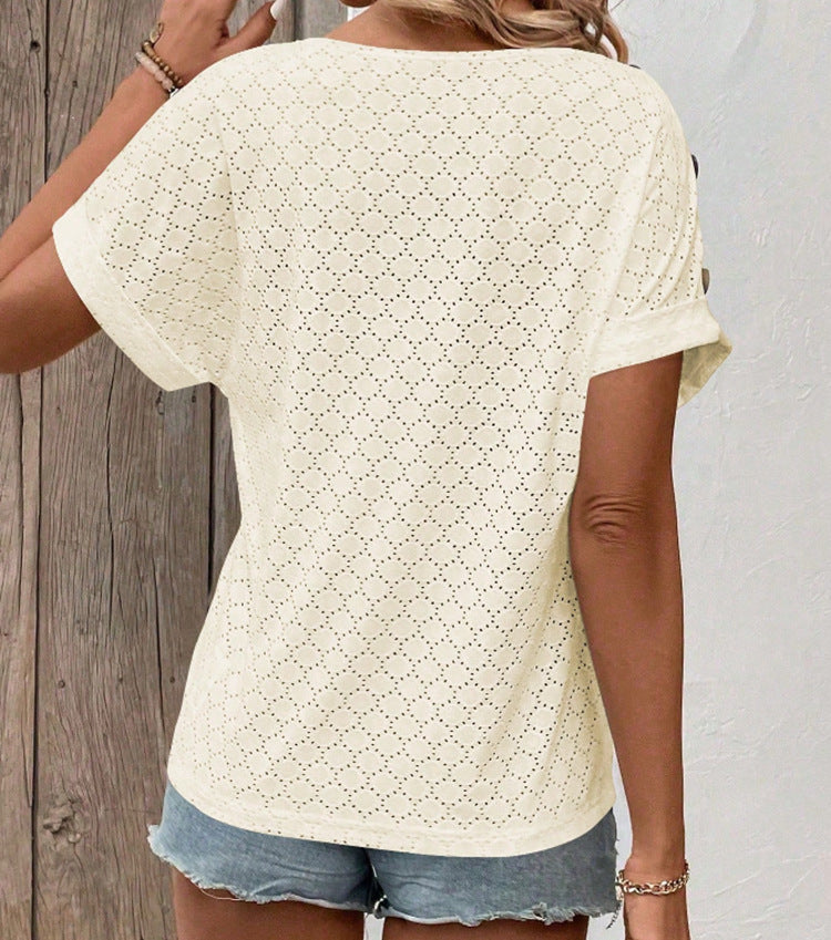 Button Solid Color Circle Loose Short Sleeve T-shirt