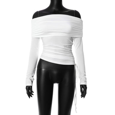 Solid Color Long Sleeve Off-shoulder Top