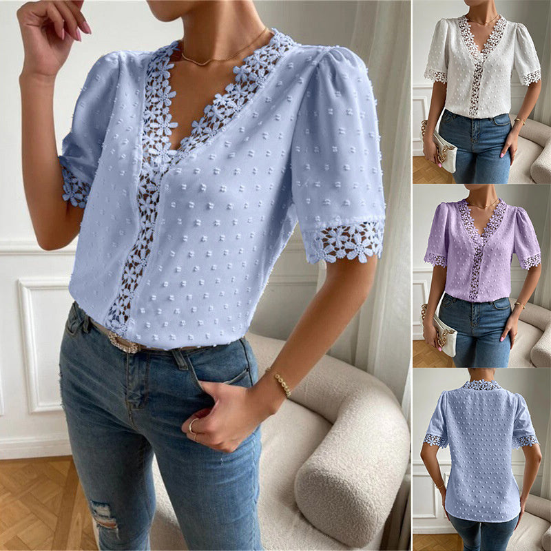 Floral Lace Short Sleeve Shirt V-Neck Top