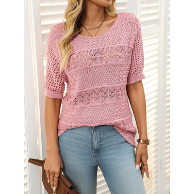 Crew Neck Crochet Knit Blouse T Shirts