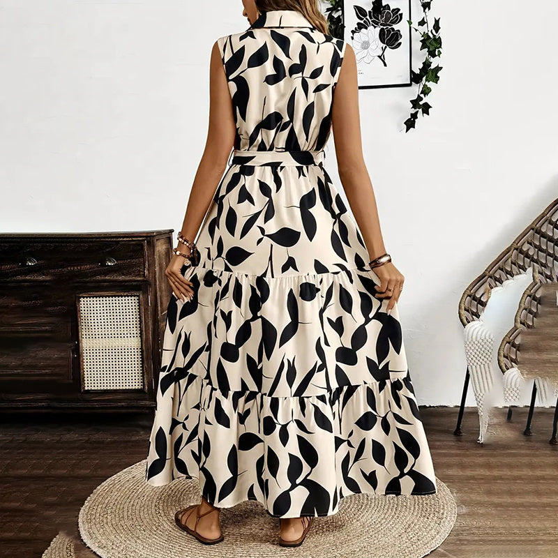 Women Sleeveless Boho Floral Button Shirt V Neck Flowy Belted Maxi Dress