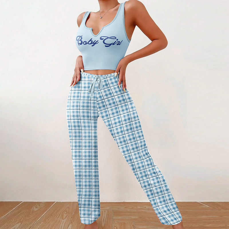 Spring Summer Women's Casual Pajamas Home Wear Vest Color Matching Plaid Trousers Letter Print Top Ladies 2 Pcs
