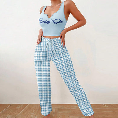Spring Summer Women's Casual Pajamas Home Wear Vest Color Matching Plaid Trousers Letter Print Top Ladies 2 Pcs
