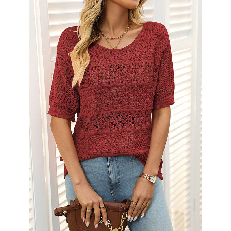 Crew Neck Crochet Knit Blouse T Shirts