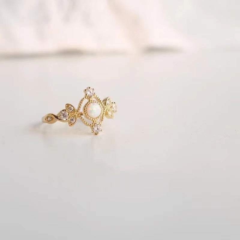 Inlaid Natural Opal Stone Ring Female Copper Plating Gold Ring
