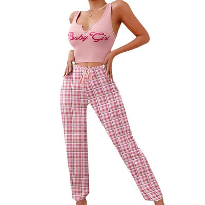 Spring Summer Women's Casual Pajamas Home Wear Vest Color Matching Plaid Trousers Letter Print Top Ladies 2 Pcs