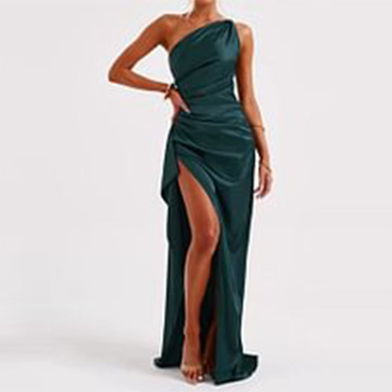One-shoulder Backless Slit Dress Summer Elegant Slim-fit Solid Color Satin