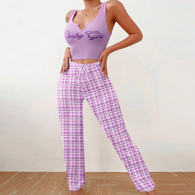 Spring Summer Women's Casual Pajamas Home Wear Vest Color Matching Plaid Trousers Letter Print Top Ladies 2 Pcs