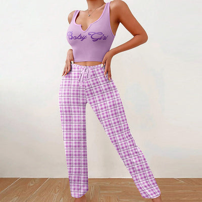 Spring Summer Women's Casual Pajamas Home Wear Vest Color Matching Plaid Trousers Letter Print Top Ladies 2 Pcs