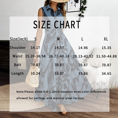 Women Sleeveless Boho Floral Button Shirt V Neck Flowy Belted Maxi Dress