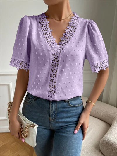 Floral Lace Short Sleeve Shirt V-Neck Top