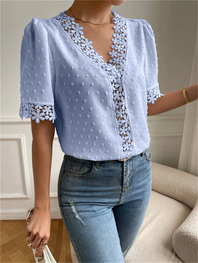 Floral Lace Short Sleeve Shirt V-Neck Top
