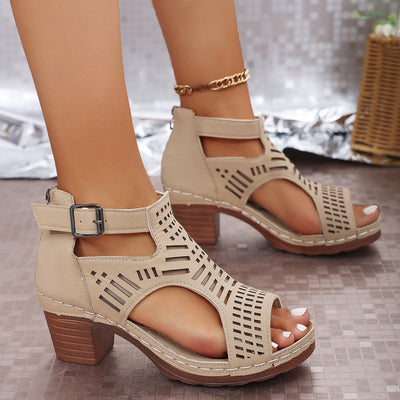 Chunky Heel High Hollow Peep Toe Sandals