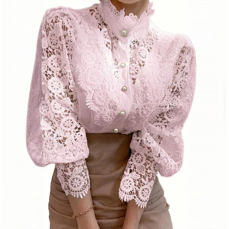 Vintage Pearl Button Lace Blouse - Puff Sleeve Semi-Sheer Ruffled Stand Collar Shirt