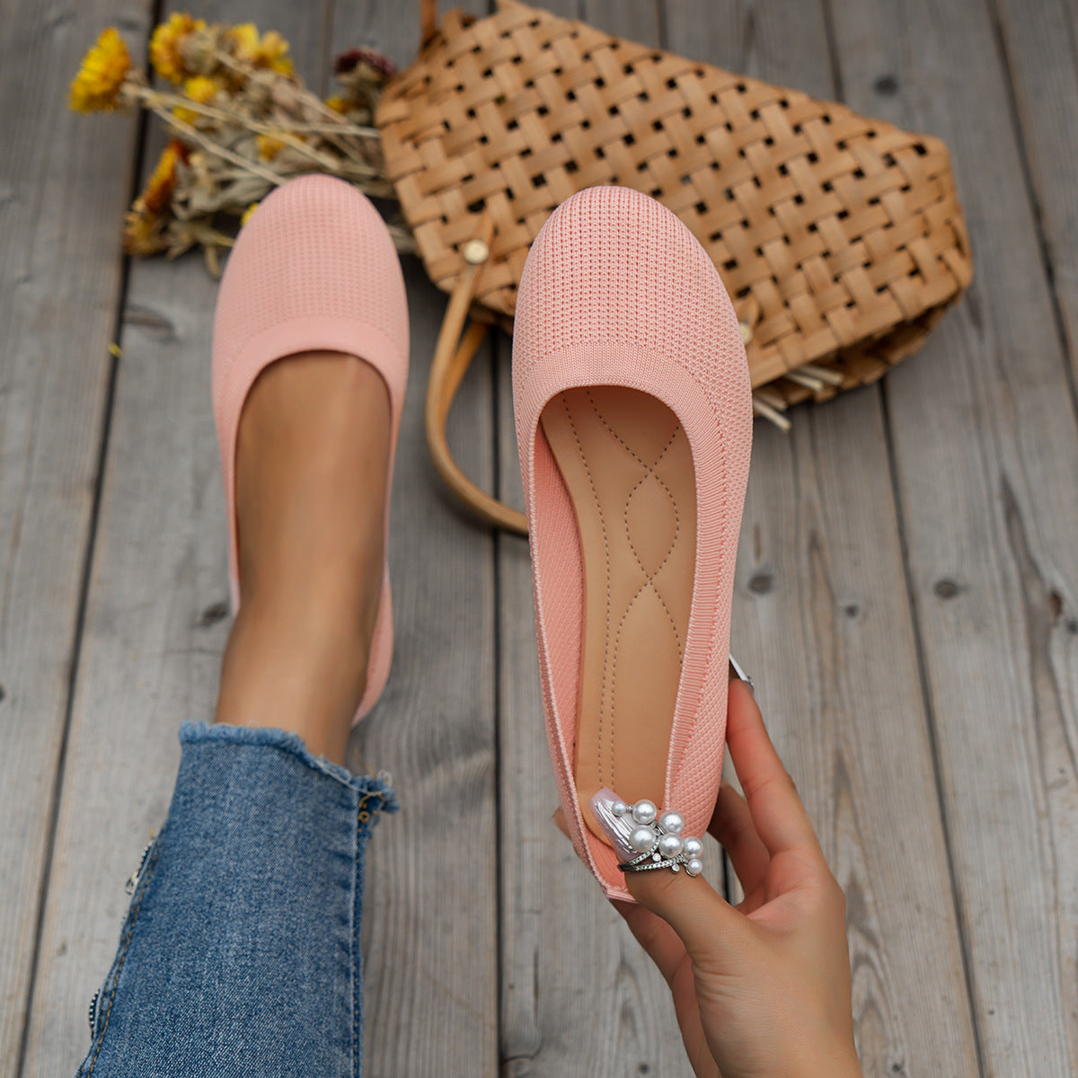 Round Toe Flats Shoes Casual Comfortable Soft Slip On Knit Mesh