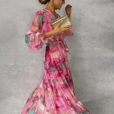 Long-sleeved Floral Print Dress Elegant V-neck Pleated High-waisted Maxi Dresses