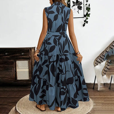 Women Sleeveless Boho Floral Button Shirt V Neck Flowy Belted Maxi Dress