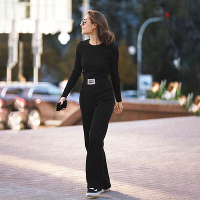 Fashion Round Neck Long Sleeve Solid Color T-shirt Slim Straight Trouser Set