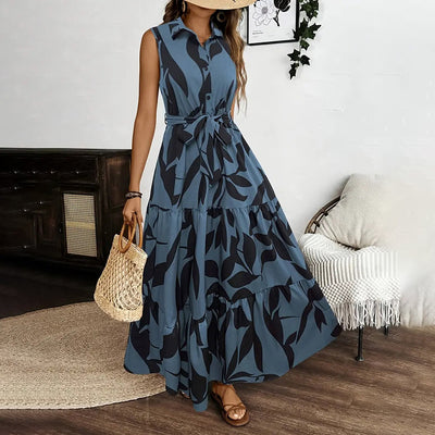 Women Sleeveless Boho Floral Button Shirt V Neck Flowy Belted Maxi Dress